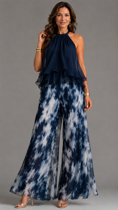 Ludovica | Ensemble Top Halter Bleu Marine Élégant et Pantalon Large Imprimé