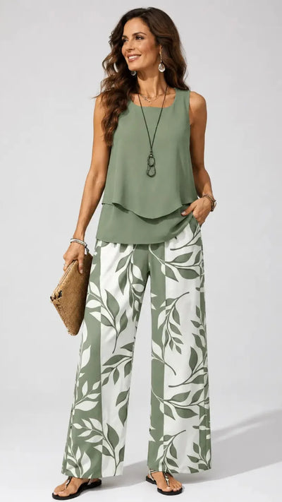 Petronila™ | Ensemble vert Salvia – blouse et pantalon à motif botanique