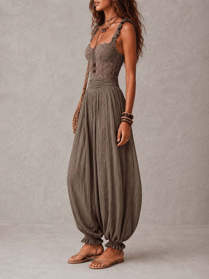 Nieves| Ensemble bandeau en dentelle grise et pantalon sarouel plissé en coton