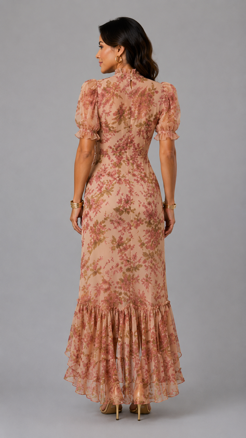 Fiora | Robe Longue Romantique à Manches Bouffantes et Imprimé Roses Vintage