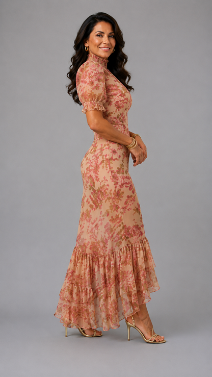 Fiora | Robe Longue Romantique à Manches Bouffantes et Imprimé Roses Vintage