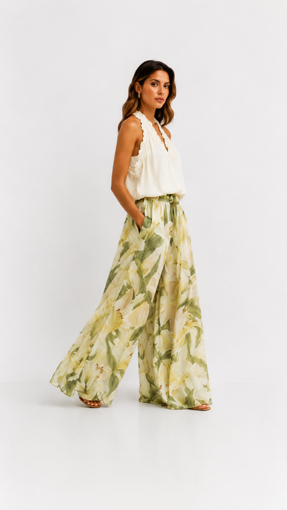 Alessandra | Top Sans Manches en Gaze à Volants et Pantalon Imprimé Lys