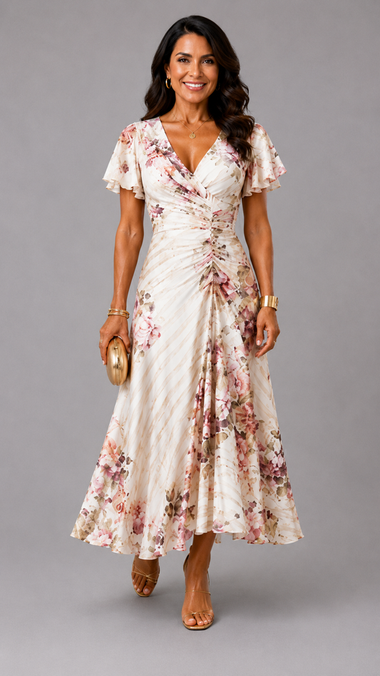 Alba | Robe Midi Cache-Cœur Froncée Florale Élégante