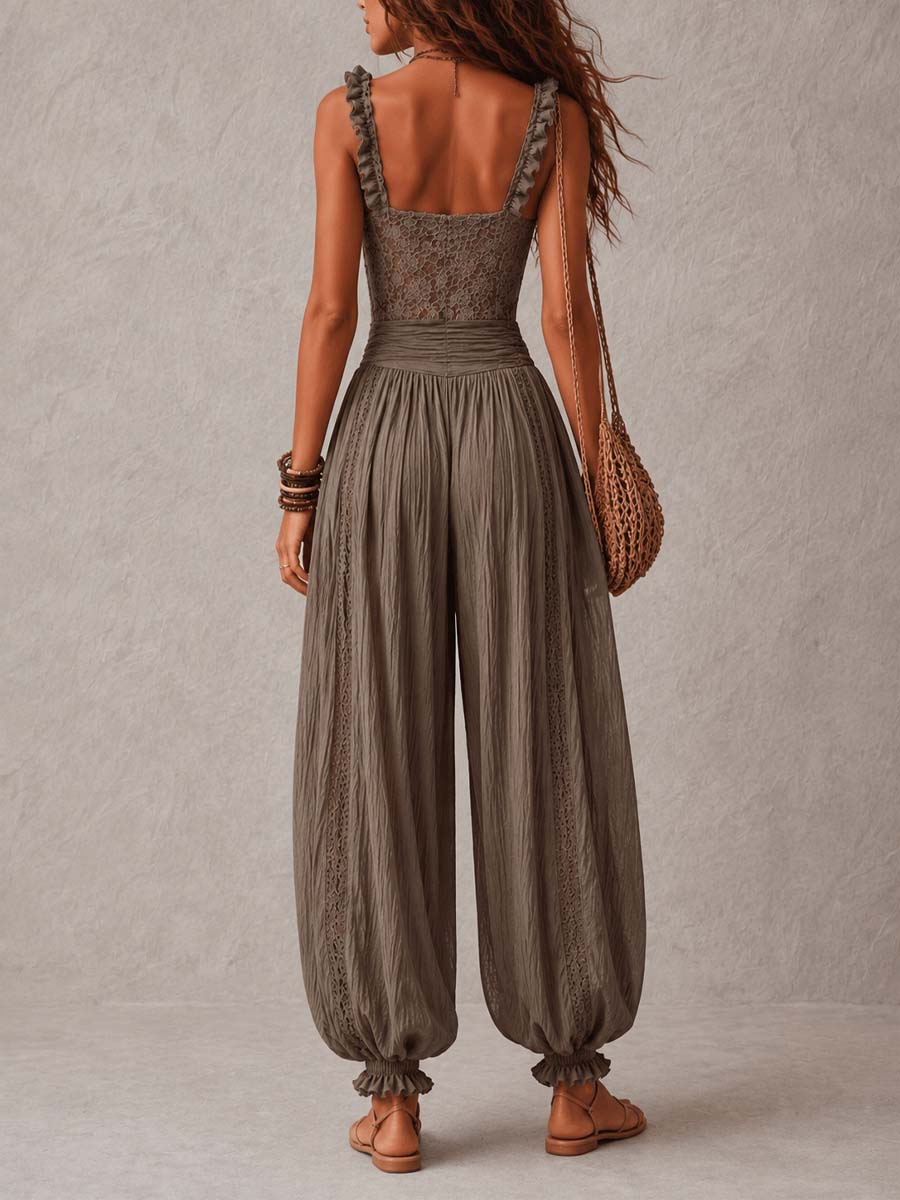 Nieves| Ensemble bandeau en dentelle grise et pantalon sarouel plissé en coton
