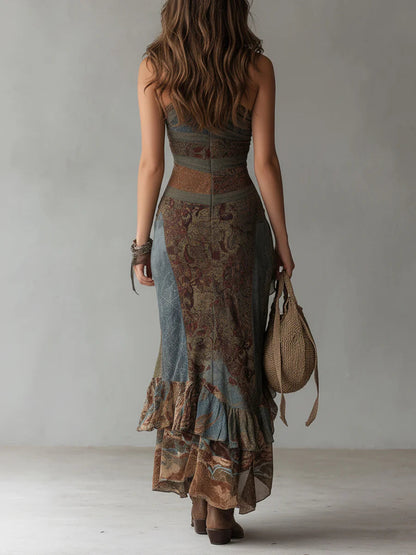 Elena ∙ Robe longue imprimée d’inspiration ethnique à une épaule avec fente haute