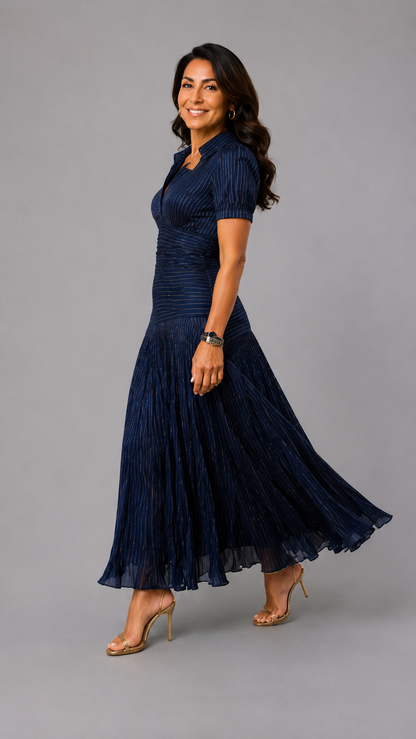 Adriana | Robe Midi en Satin à Rayures Rétro