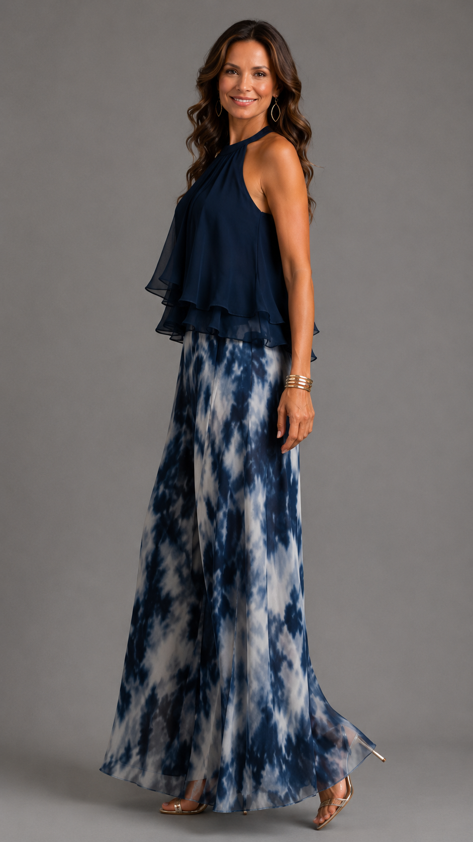 Ludovica | Ensemble Top Halter Bleu Marine Élégant et Pantalon Large Imprimé