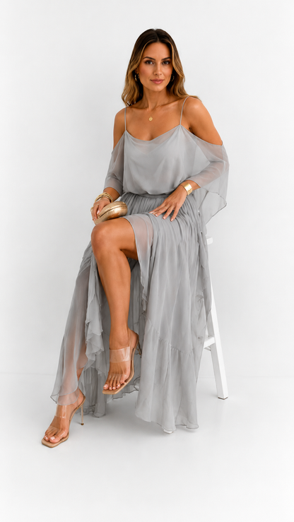 Isabela | Ensemble Fluide Gris Top à Fines Bretelles et Pantalon Léger