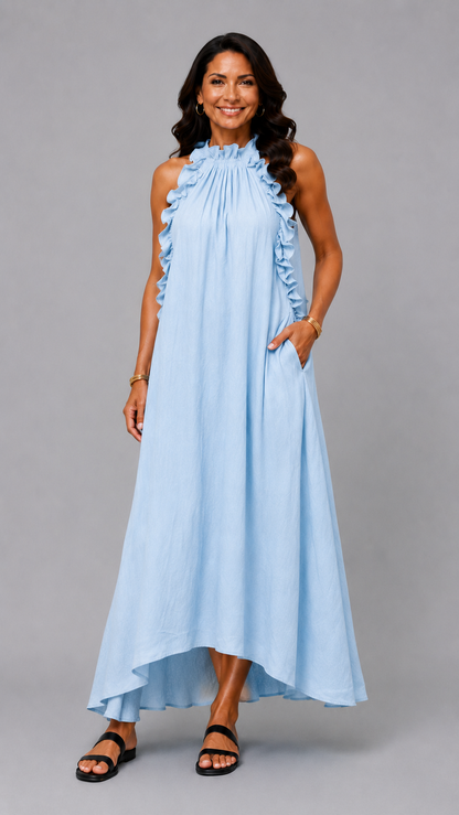 Fernanda | Robe Longue Sans Manches en Lin à Volants Élégants