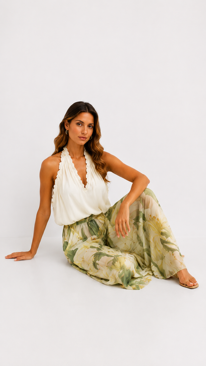 Alessandra | Top Sans Manches en Gaze à Volants et Pantalon Imprimé Lys