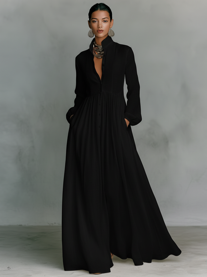 Robe Maxi Minimaliste en Coton et Lin avec Patchwork, Col Montant et Manches Longues