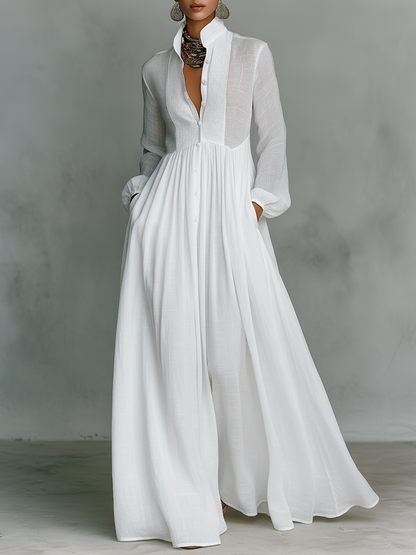 Robe Maxi Minimaliste en Coton et Lin avec Patchwork, Col Montant et Manches Longues