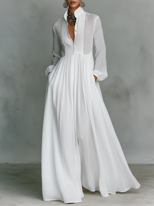 Robe Maxi Minimaliste en Coton et Lin avec Patchwork, Col Montant et Manches Longues