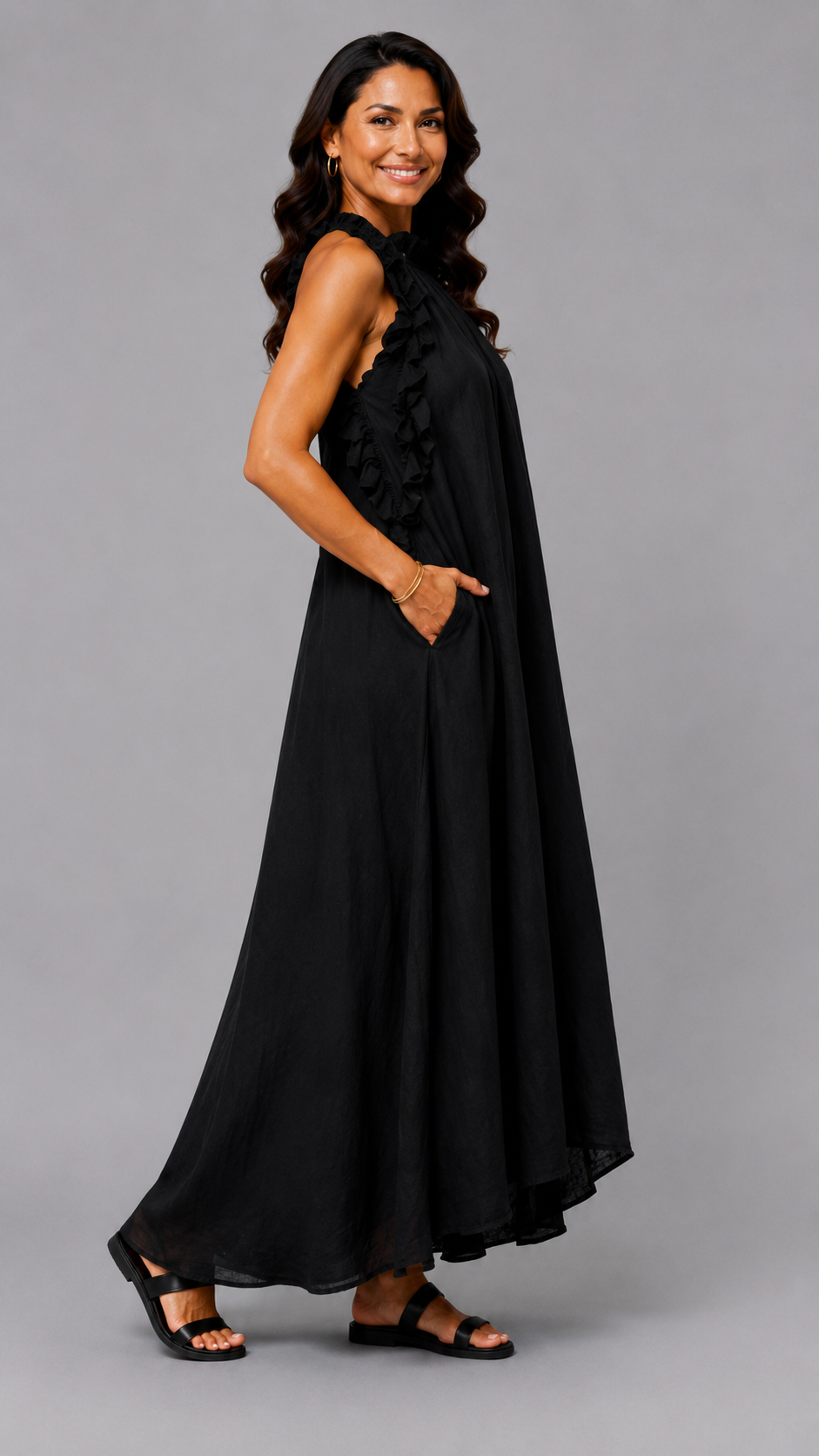 Fernanda | Robe Longue Sans Manches en Lin à Volants Élégants
