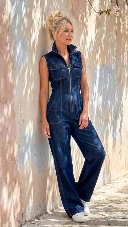 Samantha | Combinaison en Denim Élégante Jambe Large