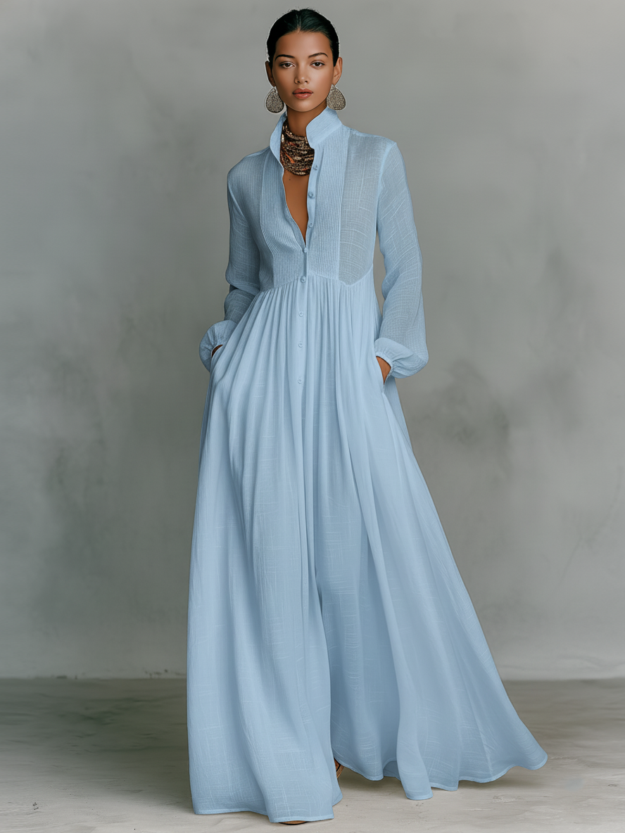 Robe Maxi Minimaliste en Coton et Lin avec Patchwork, Col Montant et Manches Longues