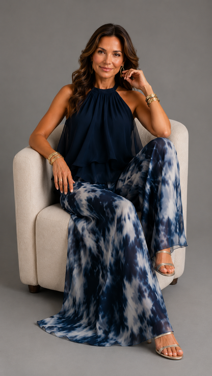 Ludovica | Ensemble Top Halter Bleu Marine Élégant et Pantalon Large Imprimé