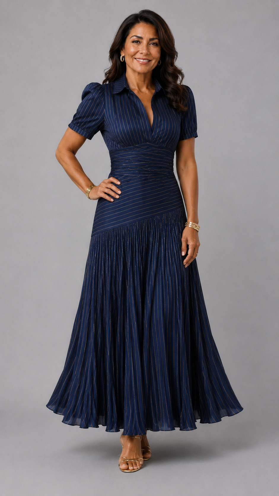 Adriana | Robe Midi en Satin à Rayures Rétro