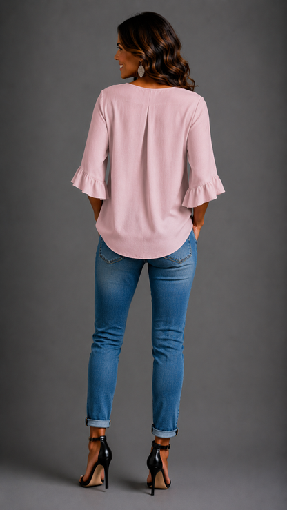 Sophia | Chemisier uni en coton et lin avec boutons en bois et volants