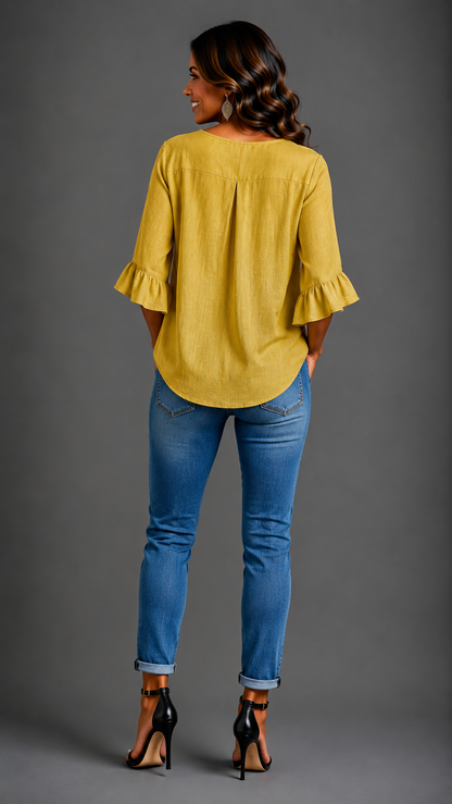 Sophia | Chemisier uni en coton et lin avec boutons en bois et volants