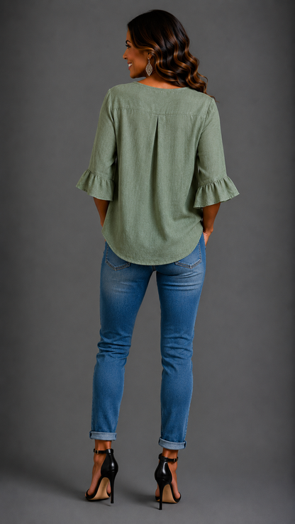 Sophia | Chemisier uni en coton et lin avec boutons en bois et volants