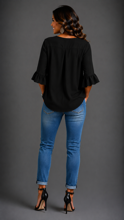 Sophia | Chemisier uni en coton et lin avec boutons en bois et volants