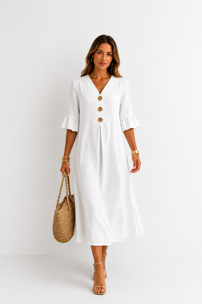 Vanesa | Robe effet lin à manches bouffantes et boutons