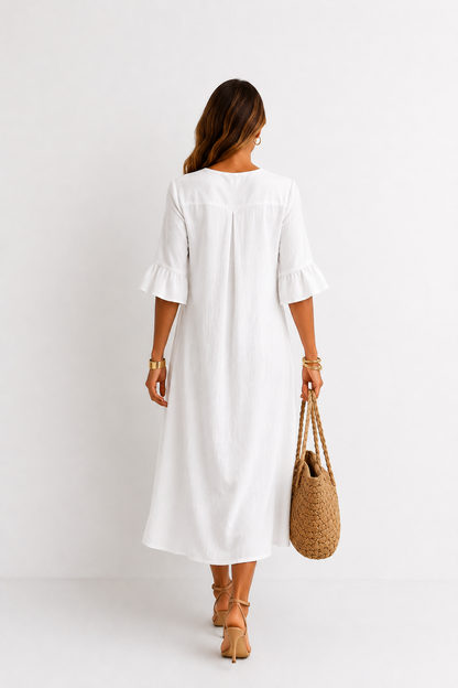 Vanesa | Robe effet lin à manches bouffantes et boutons