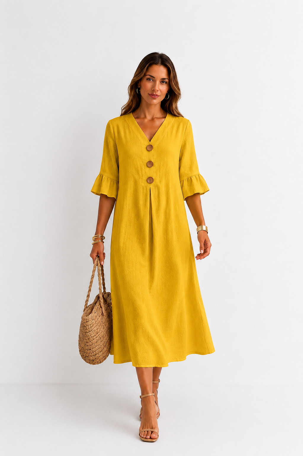 Vanesa | Robe effet lin à manches bouffantes et boutons