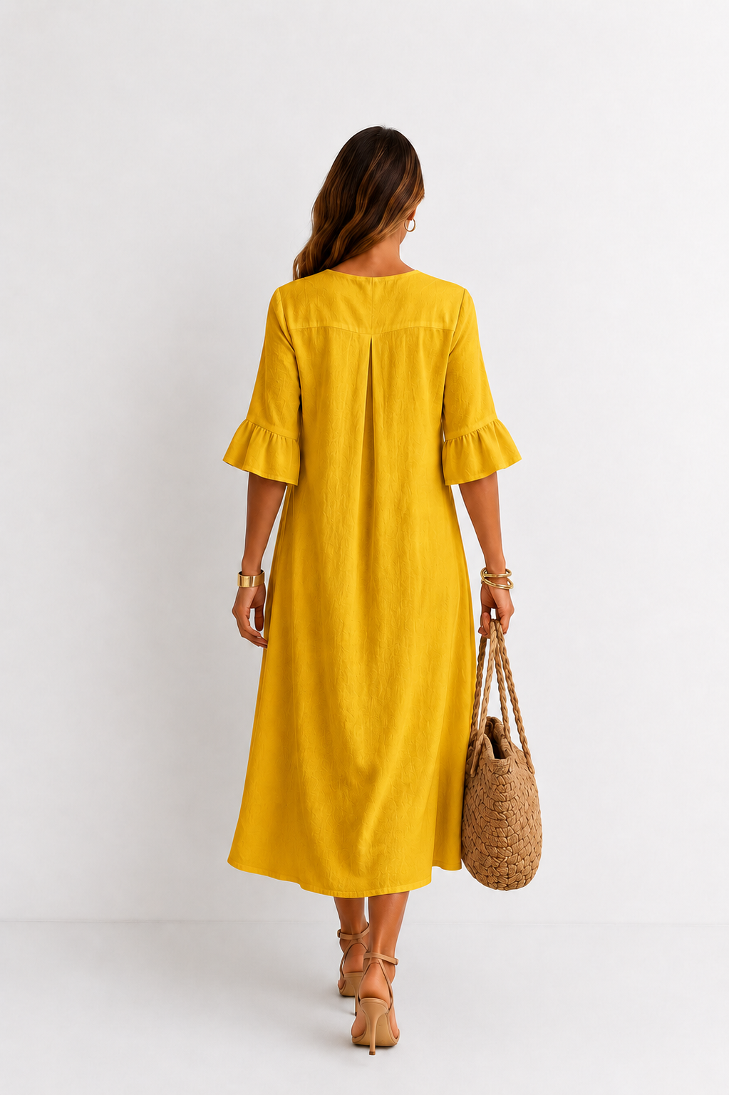 Vanesa | Robe effet lin à manches bouffantes et boutons