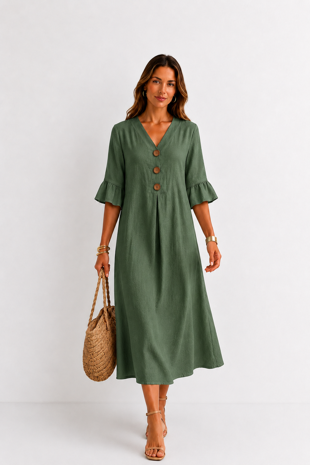 Vanesa | Robe effet lin à manches bouffantes et boutons