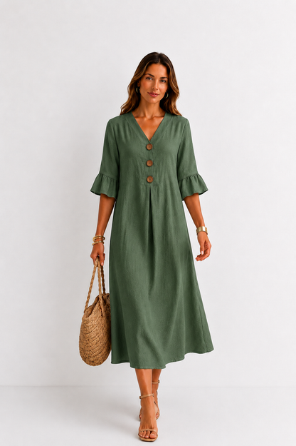 Vanesa | Robe effet lin à manches bouffantes et boutons