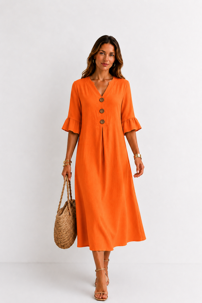 Vanesa | Robe effet lin à manches bouffantes et boutons
