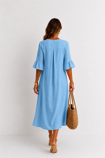 Vanesa | Robe effet lin à manches bouffantes et boutons