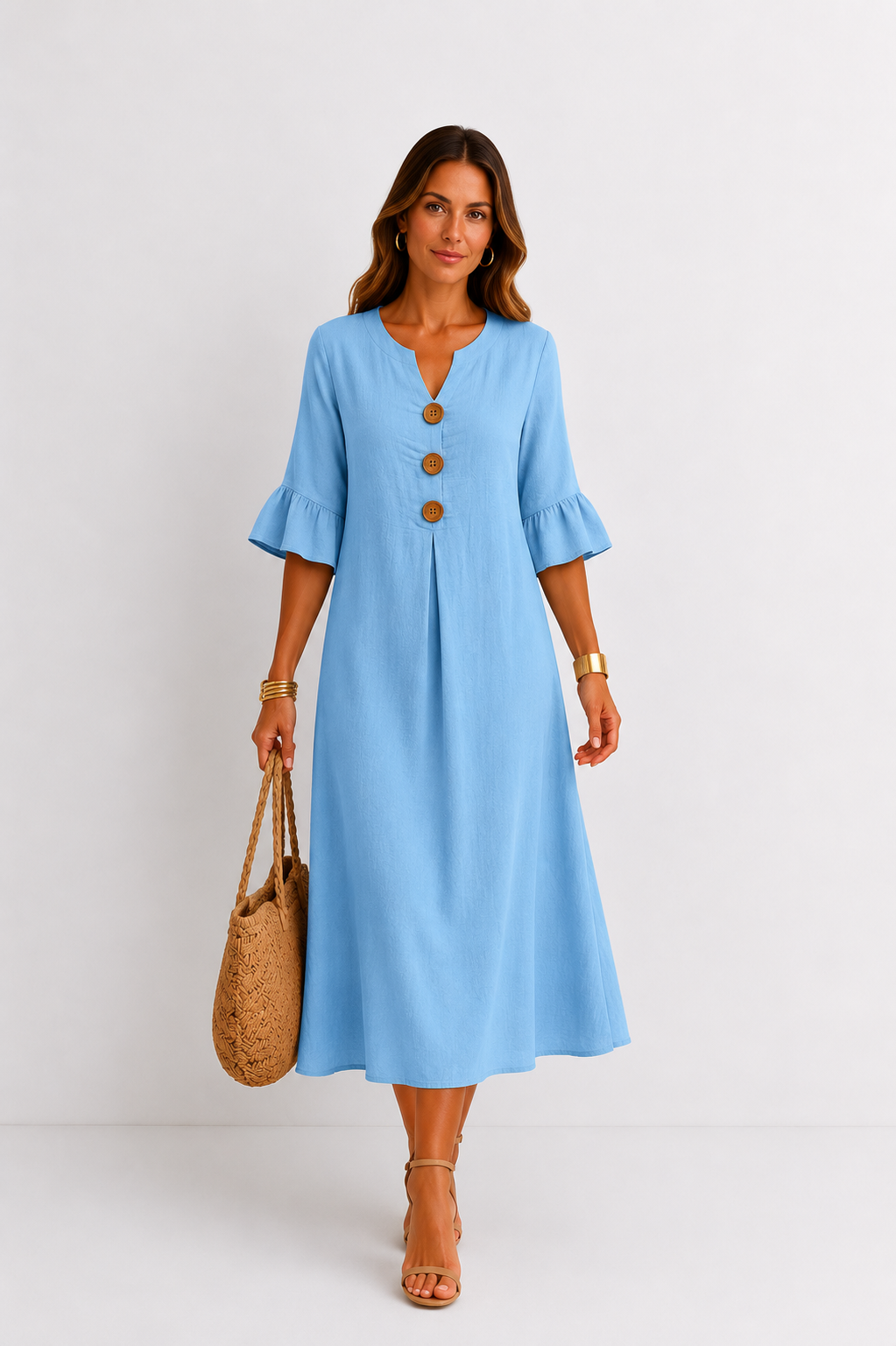 Vanesa | Robe effet lin à manches bouffantes et boutons