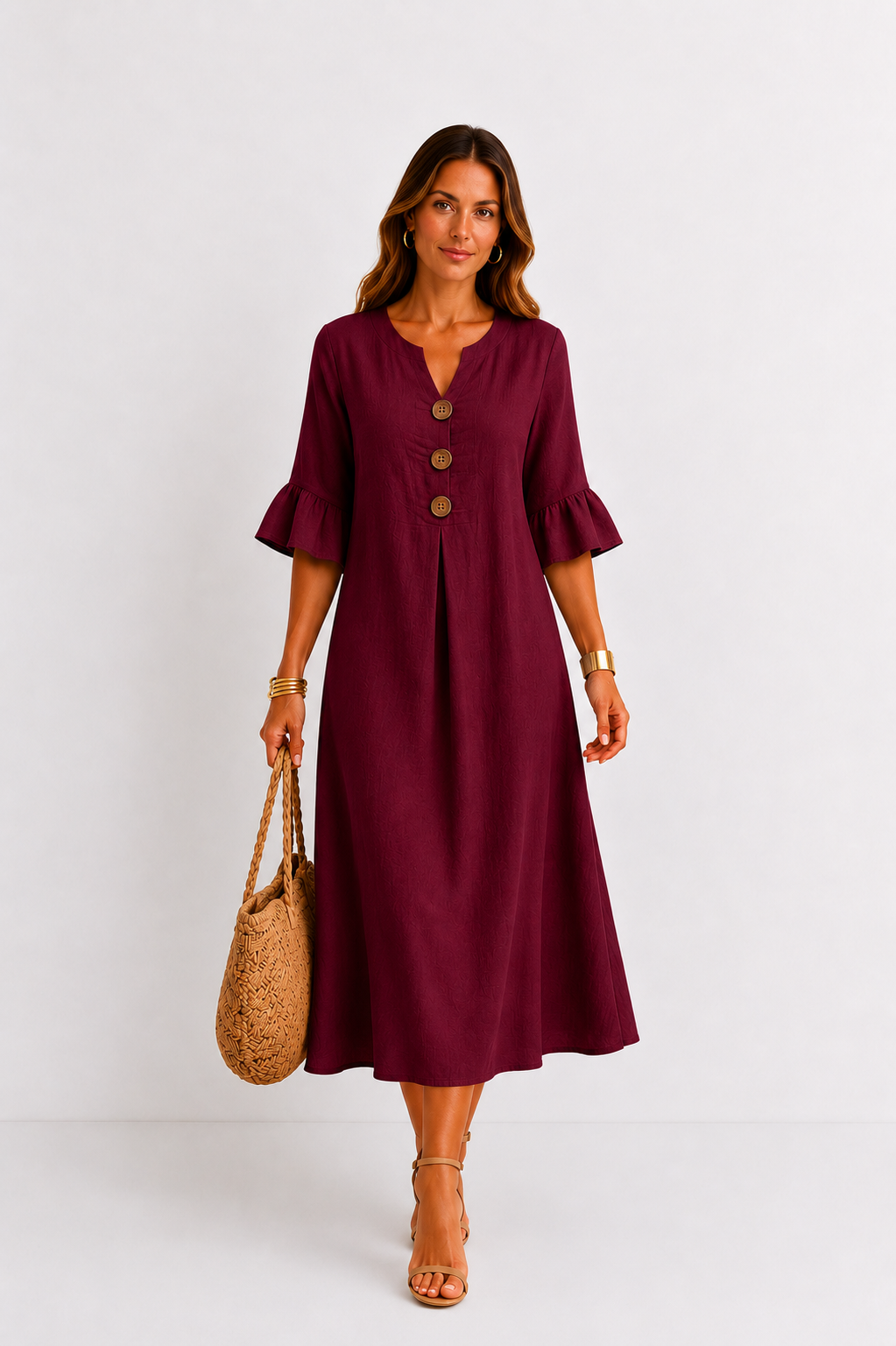 Vanesa | Robe effet lin à manches bouffantes et boutons