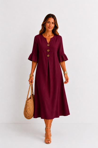 Vanesa | Robe effet lin à manches bouffantes et boutons