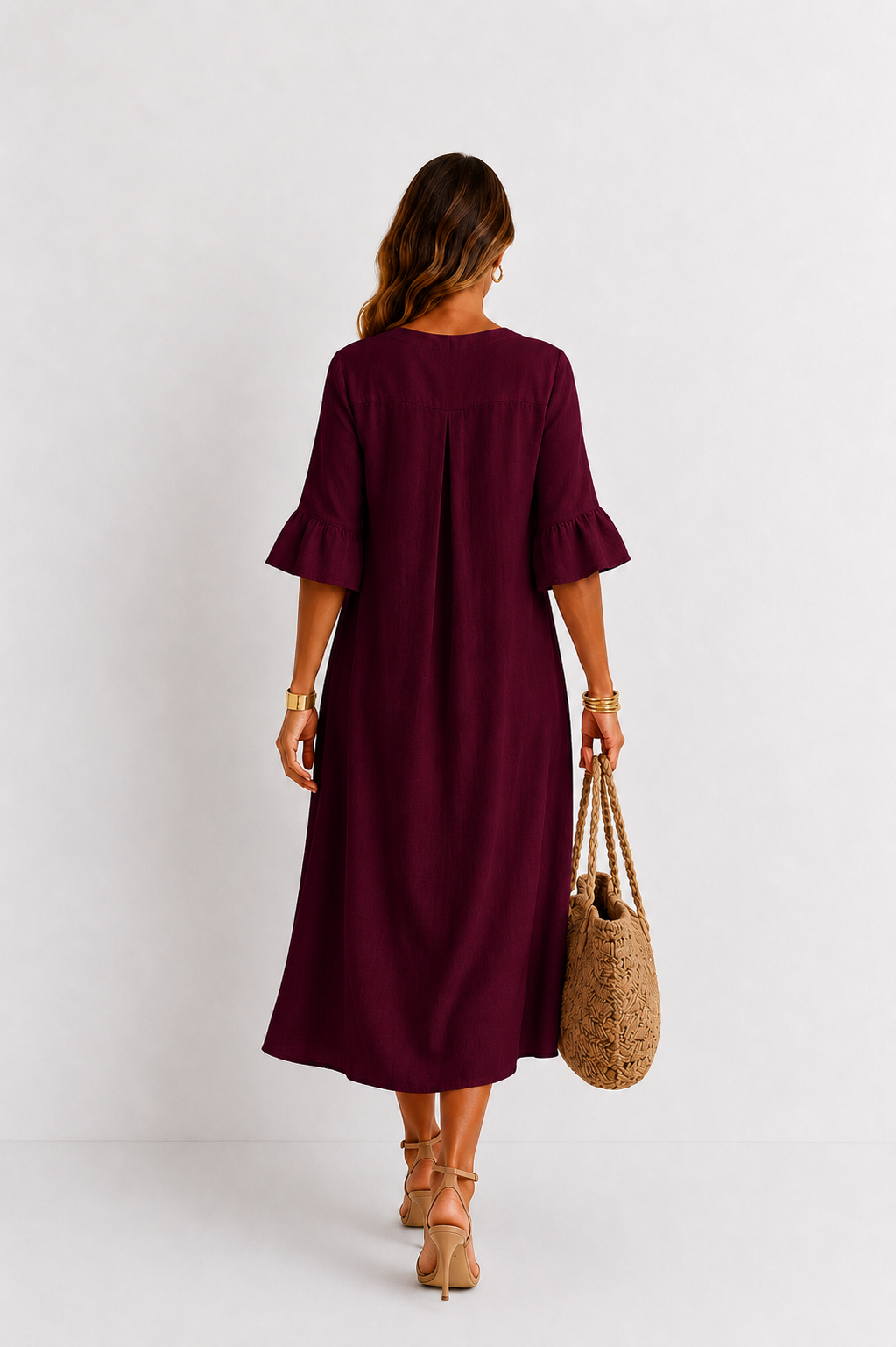 Vanesa | Robe effet lin à manches bouffantes et boutons