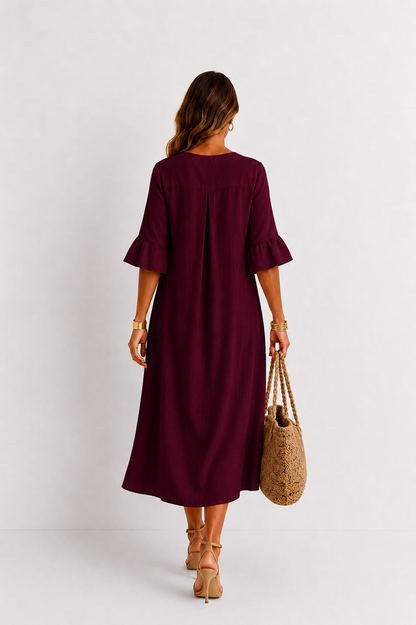 Vanesa | Robe effet lin à manches bouffantes et boutons