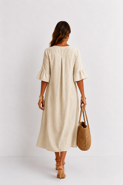 Vanesa | Robe effet lin à manches bouffantes et boutons