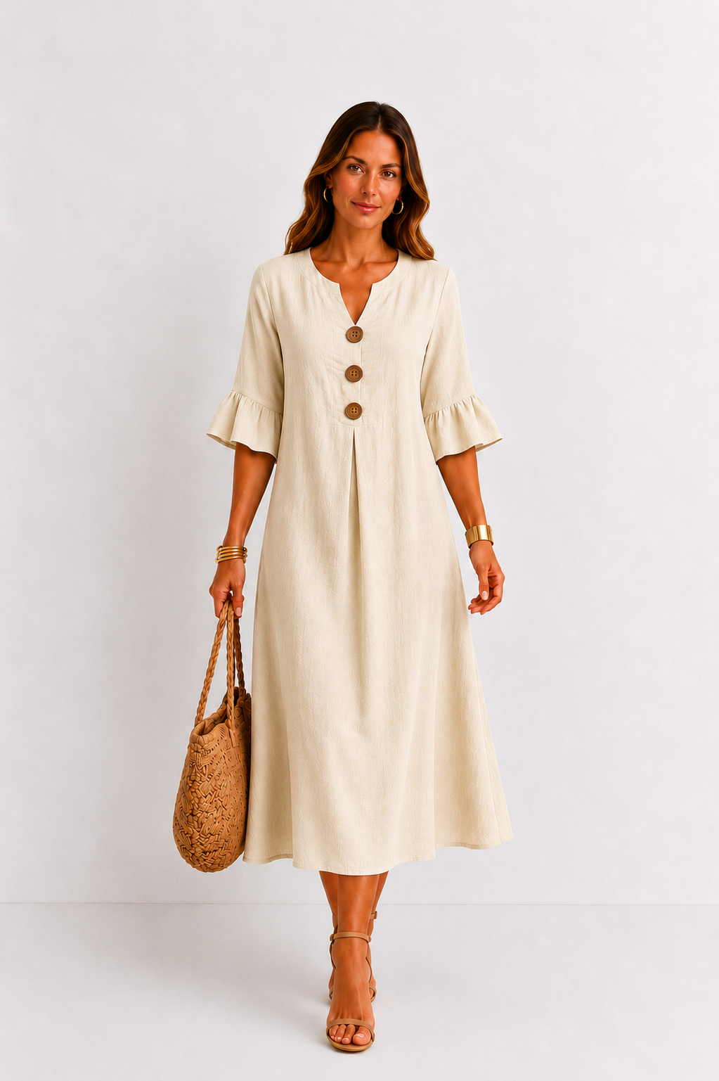 Vanesa | Robe effet lin à manches bouffantes et boutons