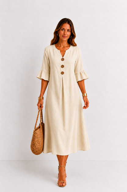 Vanesa | Robe effet lin à manches bouffantes et boutons