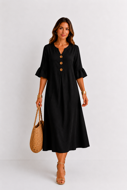 Vanesa | Robe effet lin à manches bouffantes et boutons