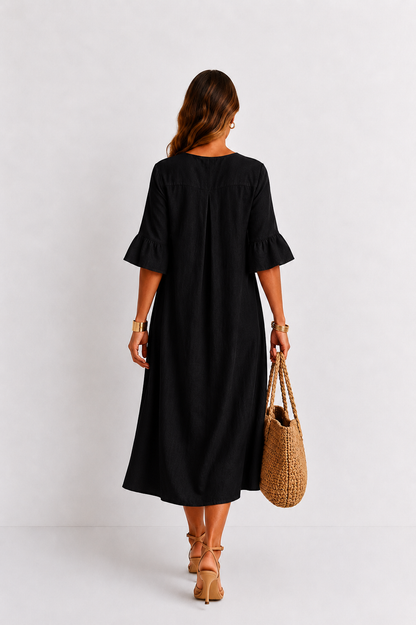Vanesa | Robe effet lin à manches bouffantes et boutons