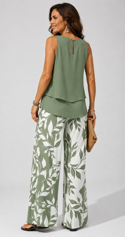 Petronila™ | Ensemble vert Salvia – blouse et pantalon à motif botanique