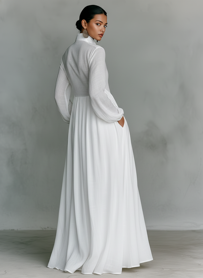 Robe Maxi Minimaliste en Coton et Lin avec Patchwork, Col Montant et Manches Longues