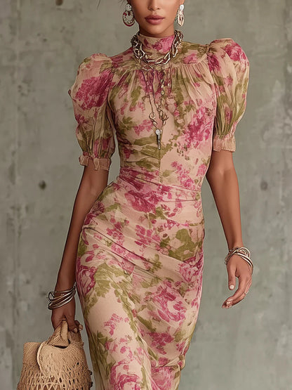 Fiora ∙ Robe longue à imprimé roses vintage et manches bouffantes