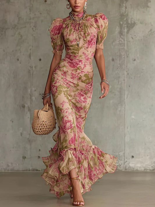 Fiora ∙ Robe longue à imprimé roses vintage et manches bouffantes
