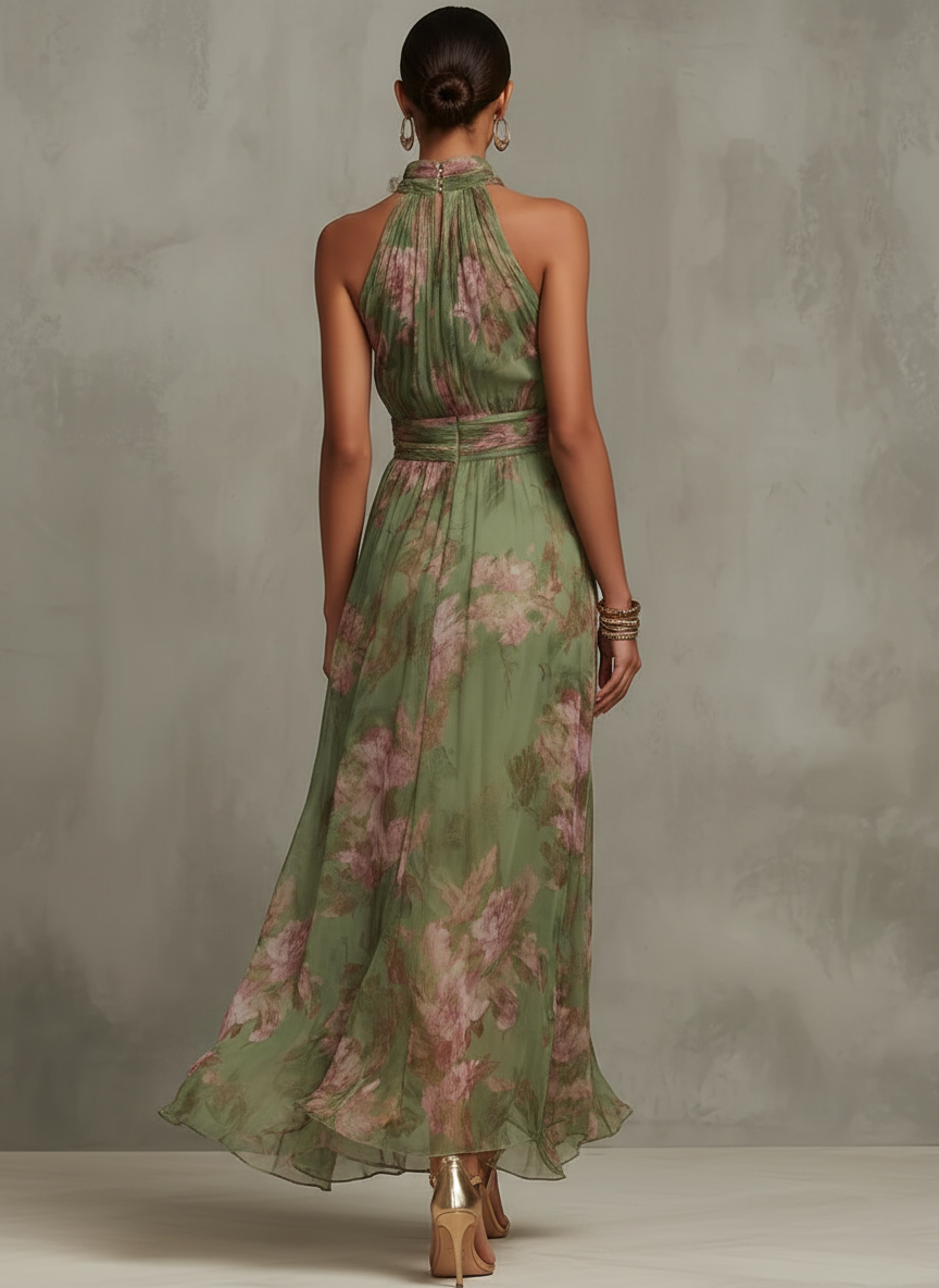 Serena ∙ Robe longue verte fleurie en mousseline avec décolleté dos-nu