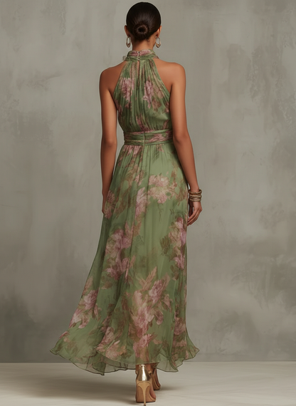 Serena ∙ Robe longue verte fleurie en mousseline avec décolleté dos-nu
